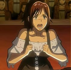 an anime character sitting on the ground with her hands in her pockets and looking surprised