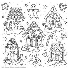 christmas coloring pages with gingerbread houses and candy canes in the snow for kids to color