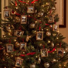 a christmas tree decorated with ornaments and pictures