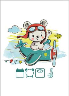 a cartoon bear flying on top of an airplane