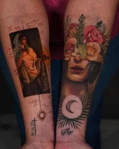 two women with tattoos on their arms are holding each other's hands and both have photos