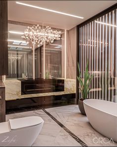 an elegant bathroom with marble floors and walls