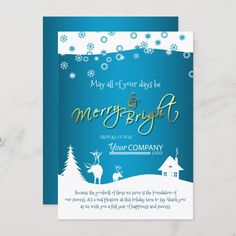 a blue and white christmas card with snowflakes on the bottom, and gold lettering that reads merry and bright