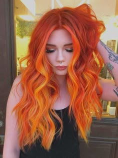 Hair Colour Ideas Orange, Fire Hair Dye, Orange Fall Hair, Sunset Orange Hair, Hair Color Vivid, Orange Hair Bright, Paprika Hair Color, Orange Hair Color Ideas, Orange To Blonde Hair