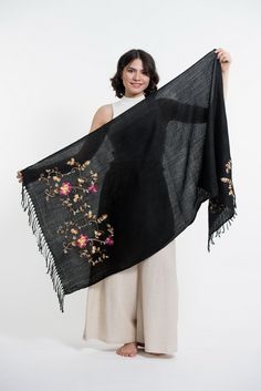 Nepal handmade soft pashmina shawl scarf with intricate floral embroidery.70% Cashmere 30% Silk size: 28" x 70" Scarf Embroidery Design, Embroidery Scarf Design, Scarf Embroidery Ideas, Shawl Design Ideas, Shawl Embroidery Design, Embroidery On Scarf, Shawl Embroidery, Scarf Embroidery, Easy Crochet Scarf