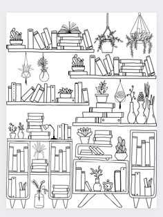 a black and white drawing of bookshelves with plants on each shelf, vases in the background