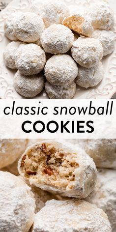 several different types of snowball cookies on a plate