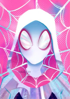 a spider - man is standing in front of a pink background with white and blue lines