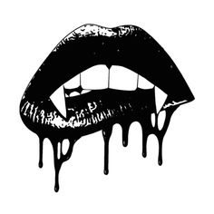 a black and white drawing of a mouth with dripping paint on it's lips