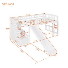 an image of a white bunk bed with stairs and storage compartment for the bottom drawer