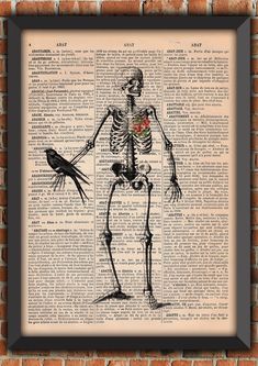 a skeleton and a bird on an old book page with the words, i love you