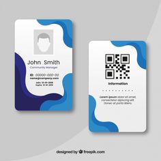 a blue and white business card with a qr code on the front, and an image of a man's face