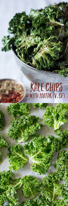 kale chips with zaata and red lentils on the side next to a bowl of beans