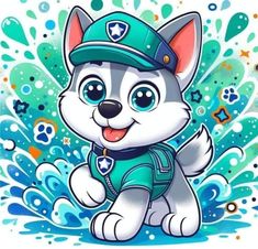 a cartoon dog wearing a blue uniform and water splashing around it's face