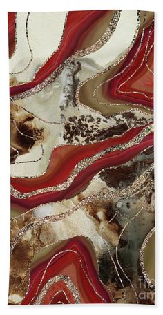 an abstract painting with red, brown and white colors hand towel featuring the image of a landscape