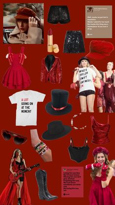 a collage of red and black clothes, hats, and other items on a red background