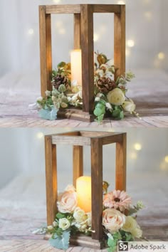 two wooden lanterns with flowers and candles on the sides, one has a lit candle in it