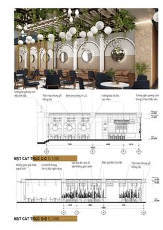 an architectural drawing shows the inside and outside of a restaurant with tables, chairs, and lamps