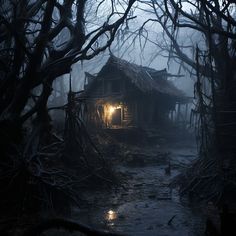 an old house in the woods is lit up by a light that shines through the branches