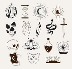 an assortment of different items that are drawn in black and white