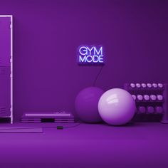 a purple room with a neon sign and some balls