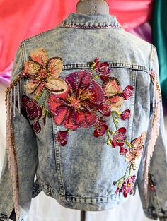 This Womens Jackets & Coats item is sold by KosturakisCrafts. Ships from Houston, TX. Listed on Sep 3, 2024 Denim Jacket Diy Upcycling, Embellished Jacket Diy, Distressed Denim Jacket Diy, Diy Jean Jacket Ideas, Denim Upcycle Clothing, Jean Jacket Diy Upcycling, Jean Hacks, Jean Jacket Art