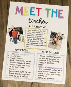 a poster with some pictures on it that says, meet the teacher all about me