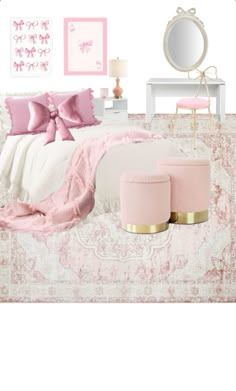 a bedroom with pink and white decor in the corner, along with accessories on the bed