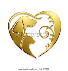 golden dog and cat in the shape of a heart on white background with clippings