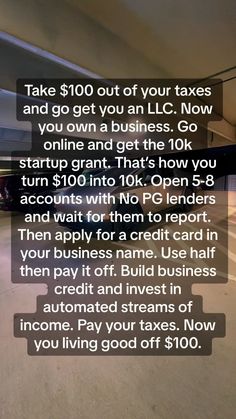 an advertisement with the words take $ 100 out of your taxes and go get you an lllc now