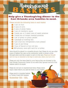 the thanksgiving basket flyer is shown in orange and white