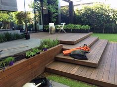 a back yard with wooden steps and plants