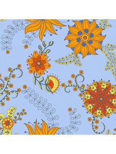 a blue background with orange and yellow flowers