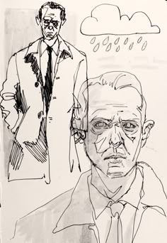 a black and white drawing of two men in suits, one with glasses on his head