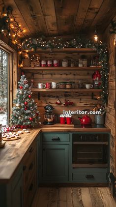 a kitchen decorated for christmas with lights on the ceiling and wooden shelves, along with small trees