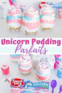 unicorn puddings with pink, blue and white frosting in them on a table