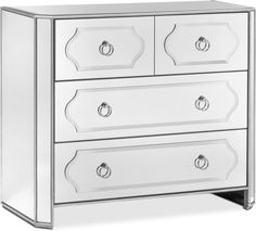 a mirrored dresser with two drawers and one drawer open on the bottom, in front of a white background