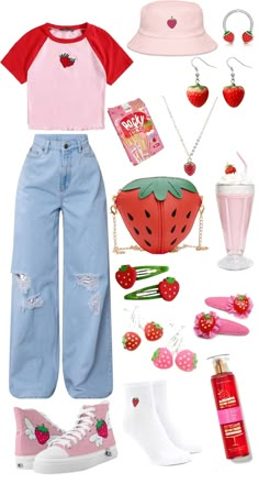 Uwu Aesthetic Outfit, Strawberry Clothing Aesthetic, Kawaii Style Aesthetic, Fruit Outfit Aesthetic, Cute Strawberry Clothes, Strawberry Shortcake Characters Outfit Inspiration, Watermelon Inspired Outfit, Food Themed Outfits, Cute Strawberry Outfit