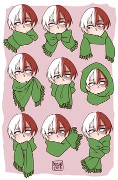 some anime character with different hair styles and scarves, all wearing green scarfs