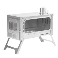 a white stove sitting on top of a metal stand with an oven door open to the side