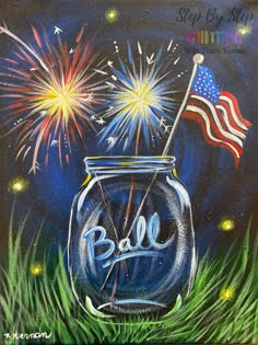 an acrylic painting of a jar with fireworks and the word ball in it