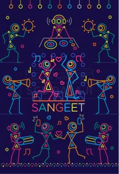 a poster with people dancing and singing in different colors on the dark background, which says sangeet