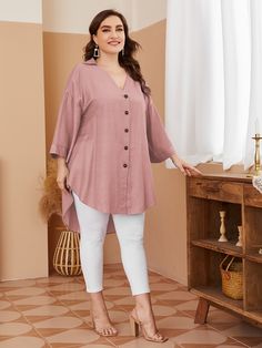 Dusty Pink Casual  Three Quarter Length Sleeve Viscose Plain Tunic Embellished Non-Stretch Spring/Fall Plus Size Tops Plus Size Mom Outfits, Plus Size Fashion For Women Indian, Kurti Sleeves, Plain Tunic, Burmese Clothing, Tunic Designs, Western Tops, Dress Indian, Designer Party Wear Dresses