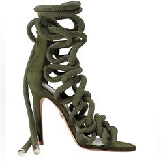 Brand New In Box Never Worn! Fits Size 10/10.5 The Carla Sandals Have Been Seen On Countless Street-Style Pictures - Jennifer Lopez, Ciara, Kylie Jenner, Joan Smalls Are All Fans Of The Style. Carefully Crafted With Soft Army Green Suede, This Rope Lace-Up Gladiator Is Set On A Slender Stiletto Heel. Tonal Colored Rope Wrap And Tie Effortlessly Up The Leg. The Metal Silver End Pieces Give This Style That High Luxury Finish. Silver Zip Along The Back Makes For Easy Fastening And Removing. Materia High Heels Outfit, Rope Sandals, Colored Rope, Gladiator Heels, Braided Rope, Green Suede, Suede Sandals, Dress Sandals, Fashion Pictures