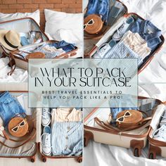 an open suitcase sitting on top of a bed with clothes and hats in the middle