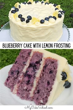 blueberry cake with lemon frosting is on the plate and next to it's slice