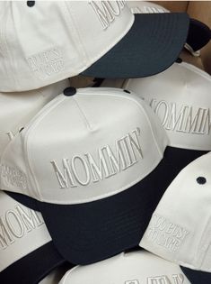 MOMMIN' - this tone on tone trucker hat is perfect for the mom on the go! Twill cap Made in USA Embroidery at front and side panel Adjustable back strap Brim measures approx 3" in lengthOS measures approx 23.55" in circumference Hot Moms Club, Usa Embroidery, Vintage Trucker Hat, Vintage Trucker Hats, School Collection, Hat Embroidery, Tone On Tone, Too Busy, Vintage Hat