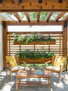 an outdoor seating area with wooden pergols and plants on the wall above it