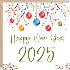 a happy new year card with colorful ornaments