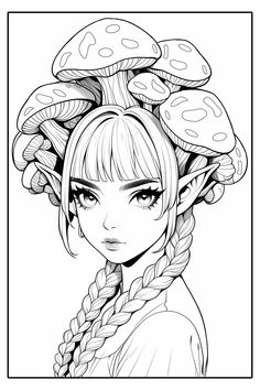 a girl with braids and mushrooms on her head is shown in this coloring page